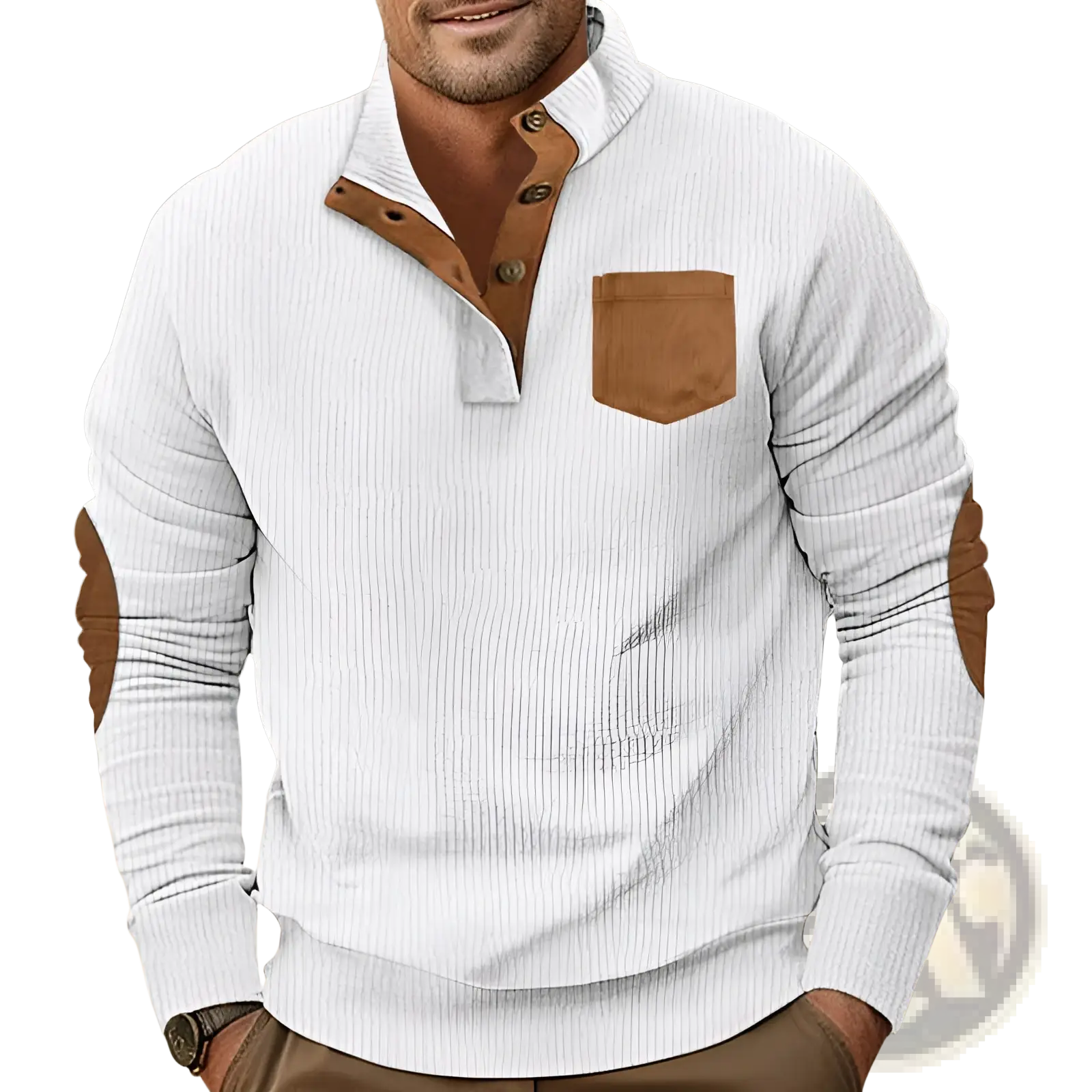 Slim fit pullover with white ribbed knit, brown leather collar, buttons, pocket, and elbow patch accents