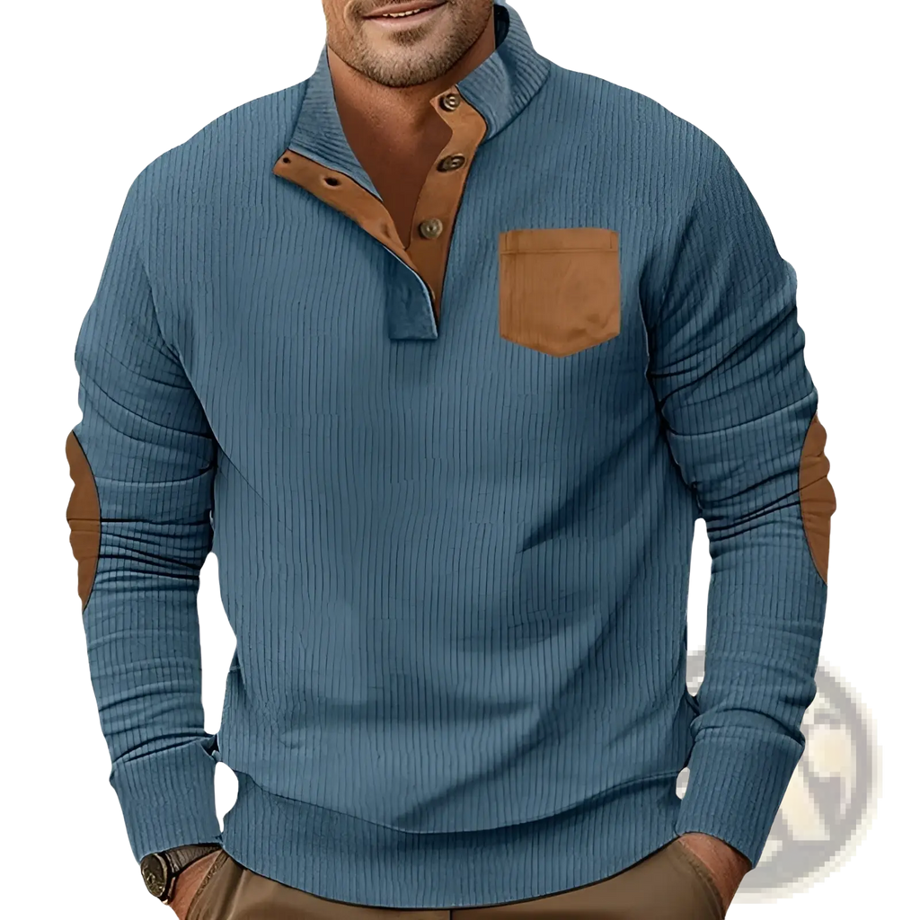 Slim fit blue ribbed knit henley shirt with brown leather-like corduroy patch accents on collar, placket, pocket, and elbows