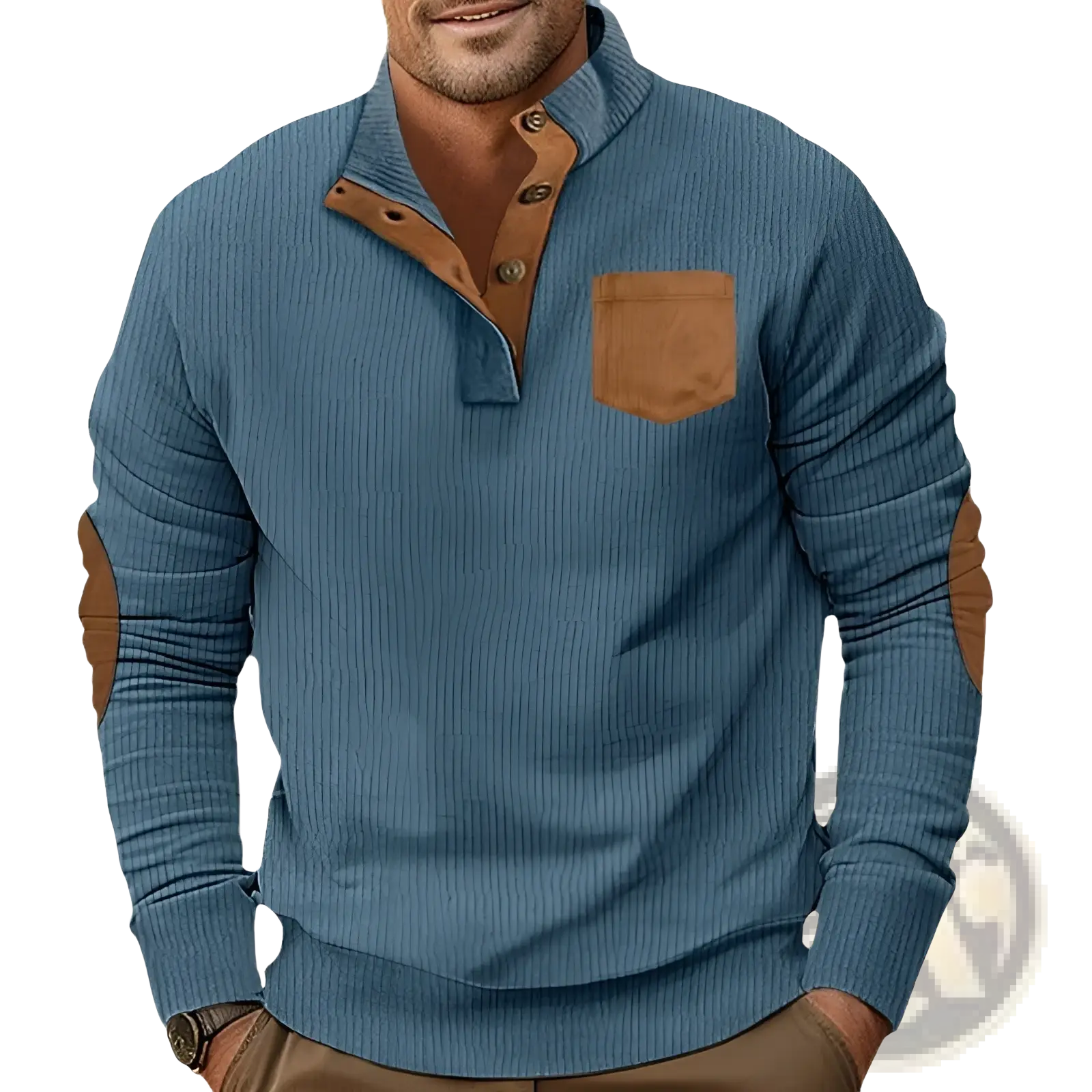 Slim fit blue ribbed knit henley shirt with brown leather-like corduroy patch accents on collar, placket, pocket, and elbows