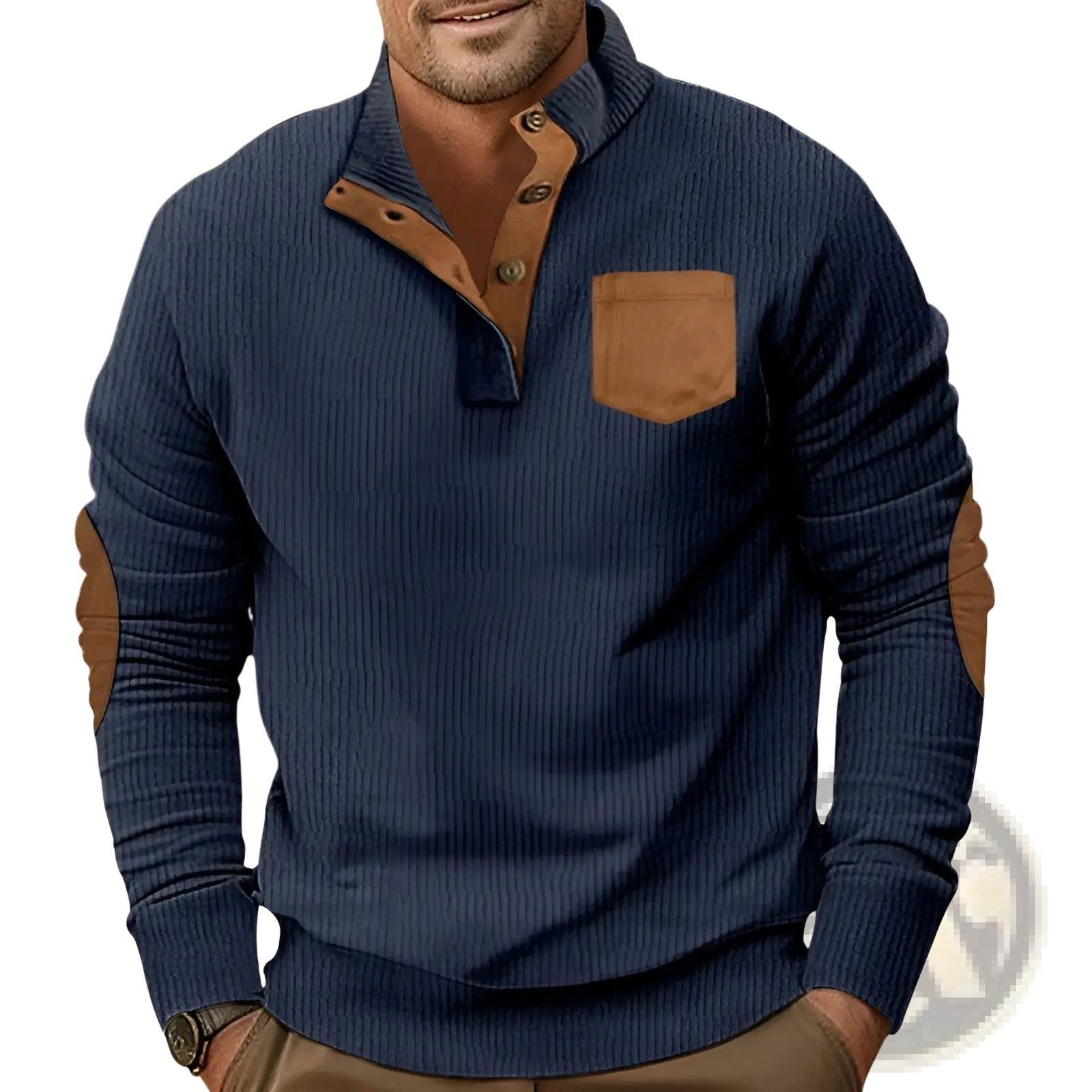 Navy blue slim fit ribbed knit sweater with brown leather corduroy patchwork accents on collar buttons pocket and elbows