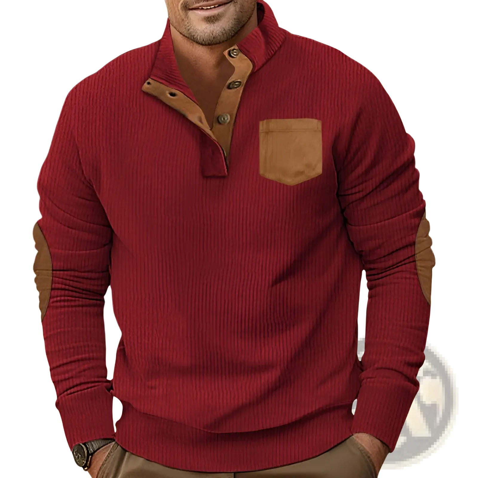 Slim fit corduroy patchwork pullover in red ribbed knit with tan leather accents on collar buttons pocket and elbows