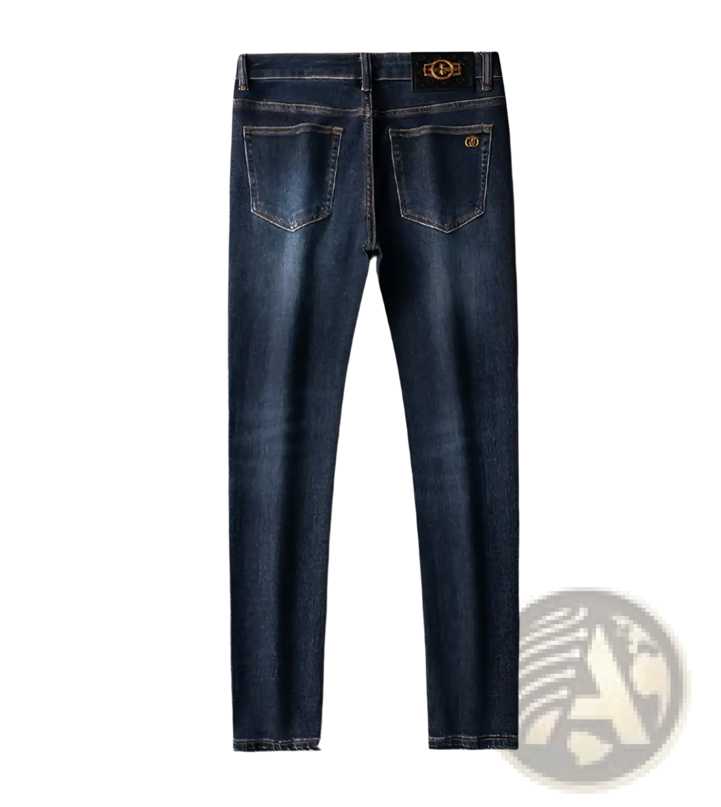 Back view of slim fit dark blue denim jeans men with gold tone branding on waistband and rear pocket