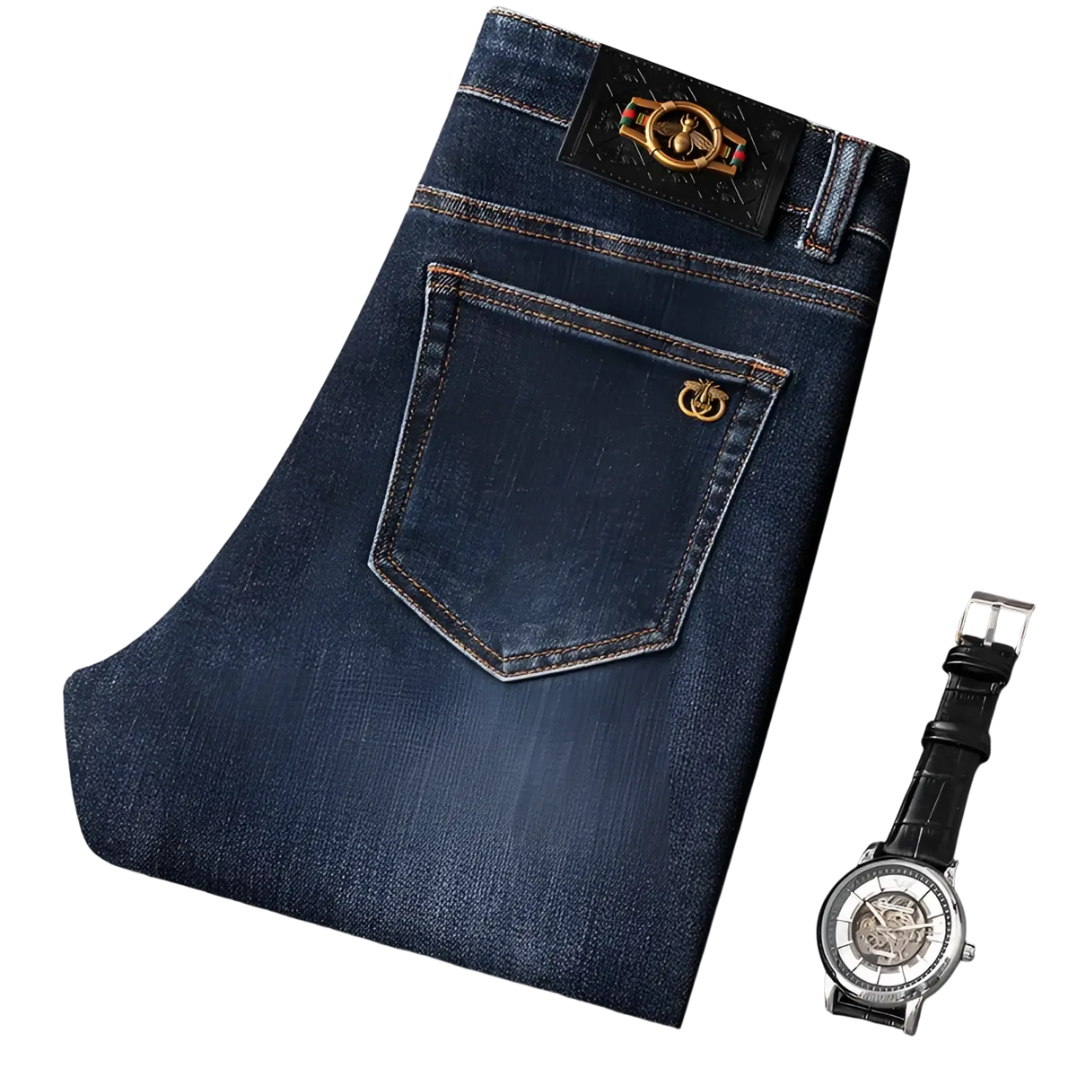 Slim fit dark blue denim jeans for men with black leather patch and gold-tone hardware on the waistband and back pocket