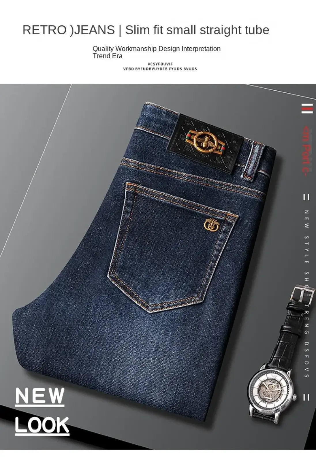 Slim fit dark blue denim jeans men with black leather patch and gold-tone metal branding on waistband and front pocket