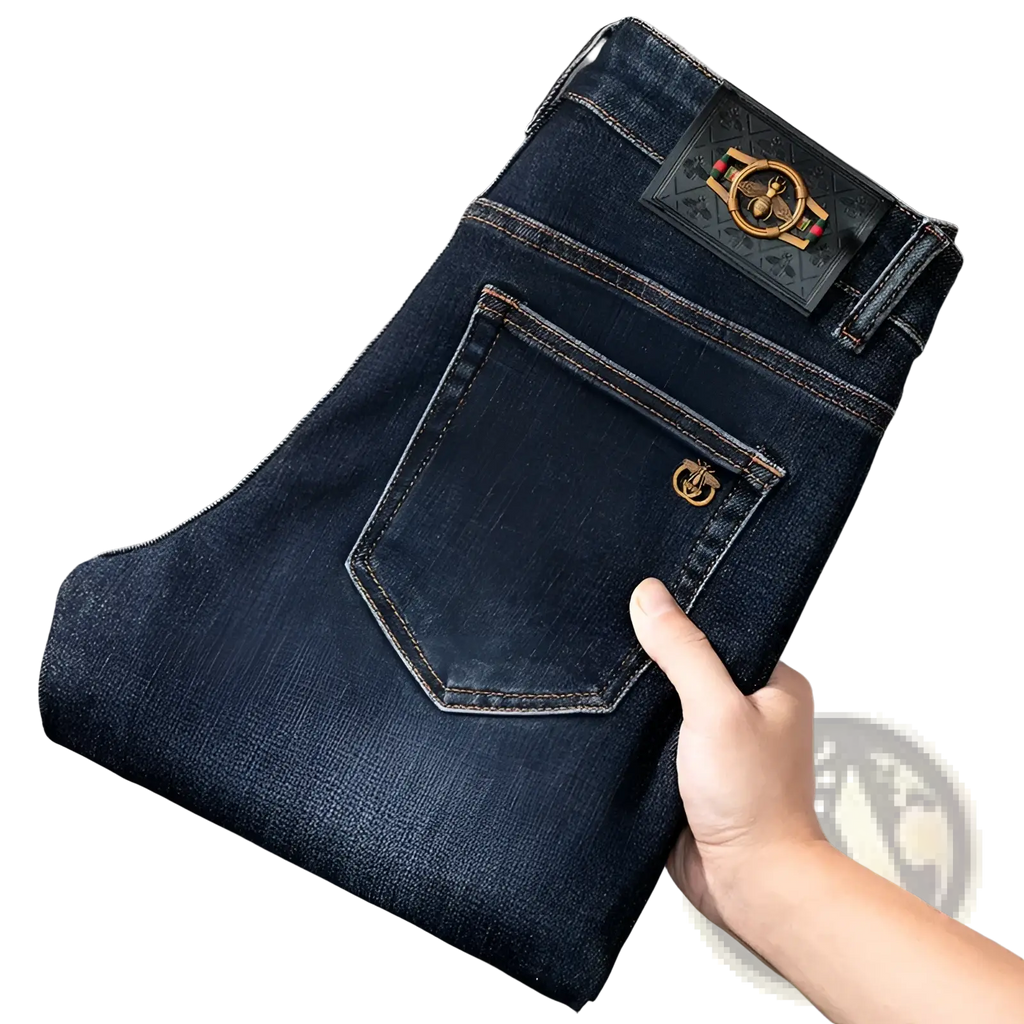Back side of slim fit dark blue denim jeans men with gold-tone bee emblem on back pocket and waistband patch