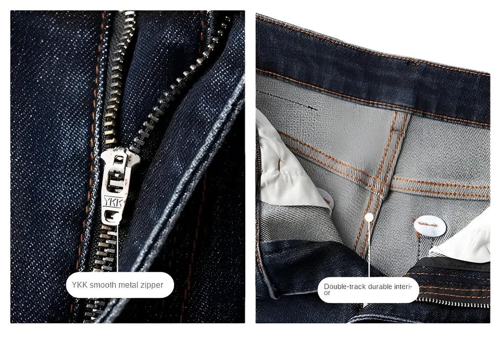 Slim fit dark blue denim jeans for men with ykk smooth metal zipper and double track durable interior