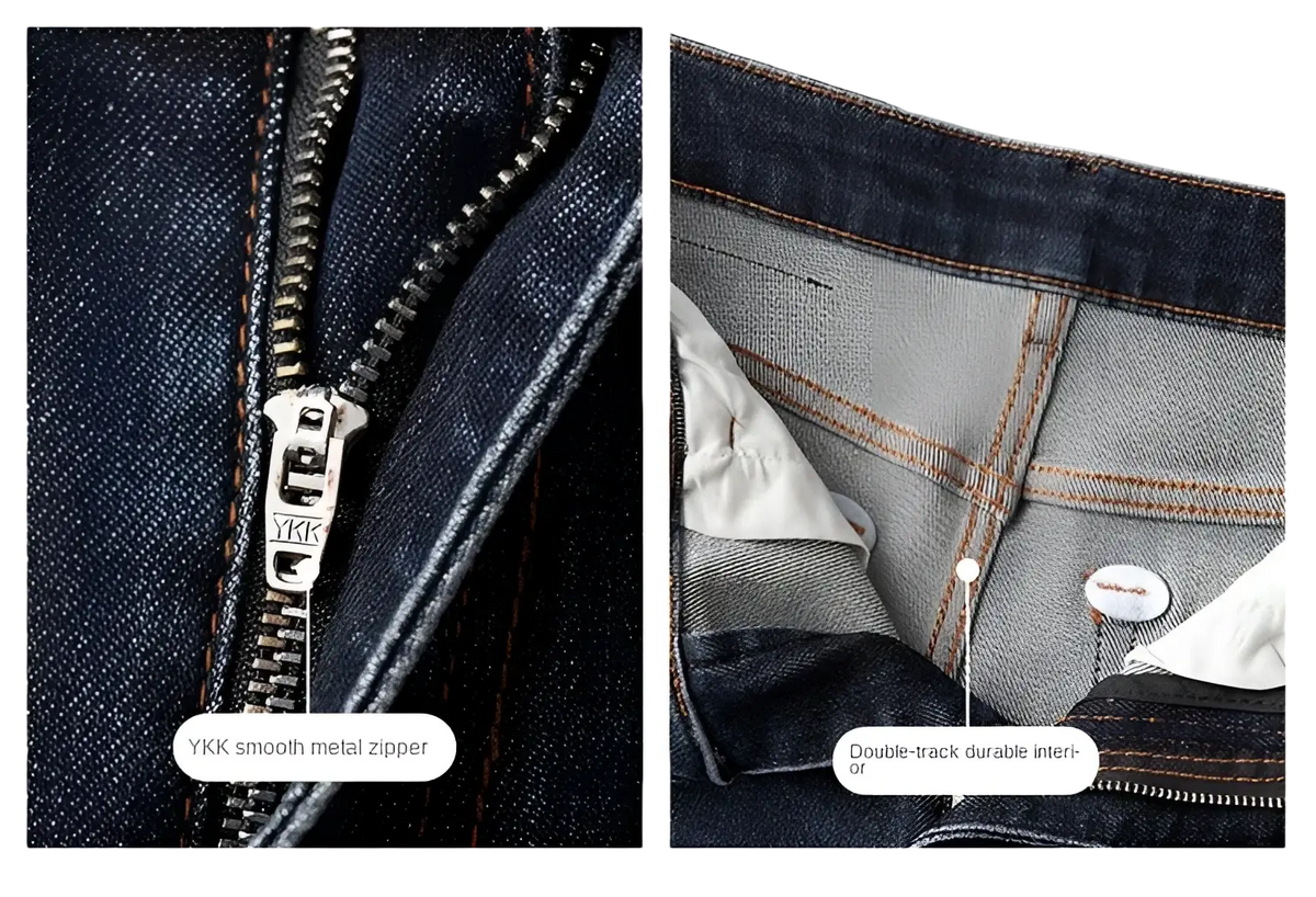 Slim fit dark blue denim jeans for men with ykk smooth metal zipper and double track durable interior