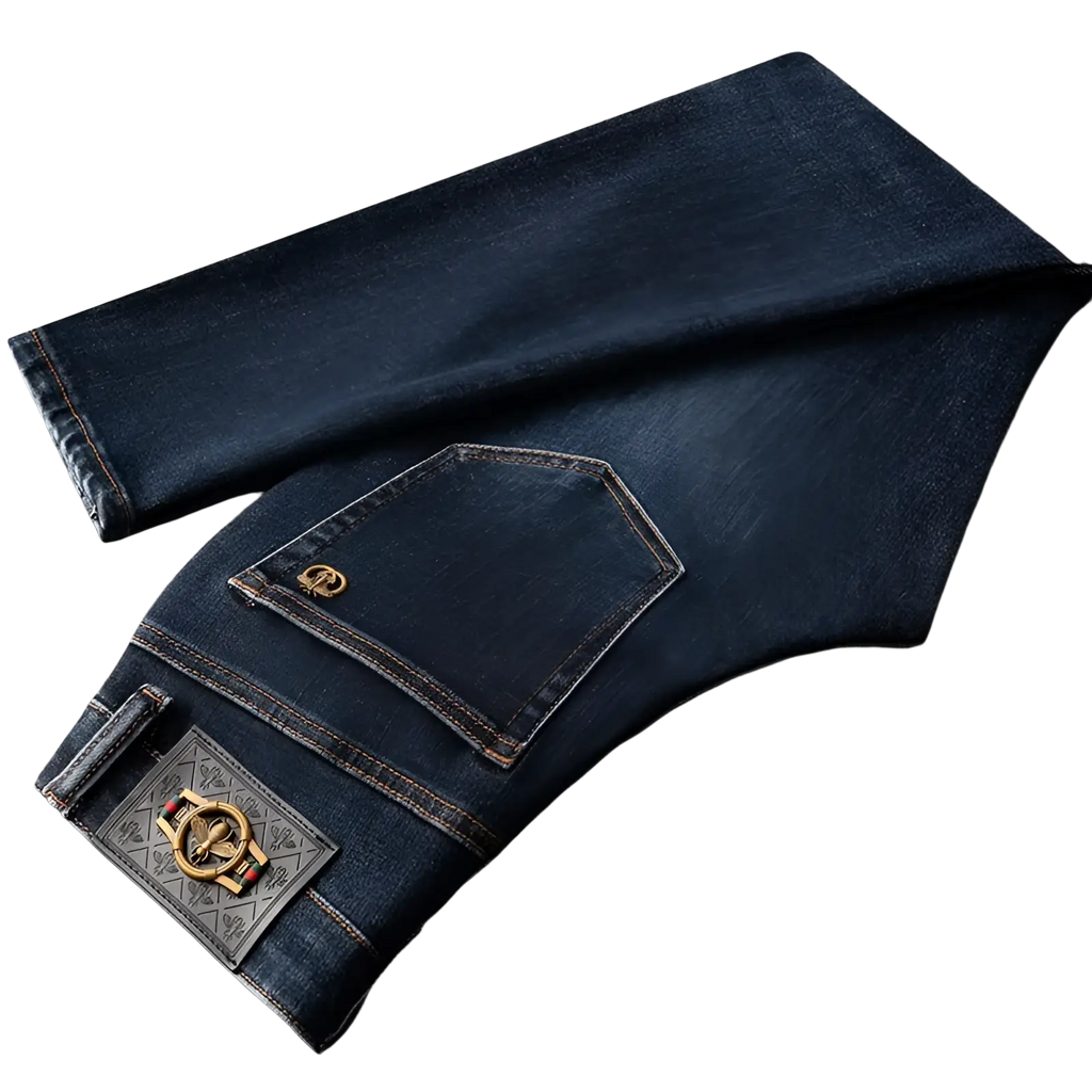 Back side of slim fit dark blue denim jeans men with gold-toned bee emblem and ornate metallic brand patch on waistband