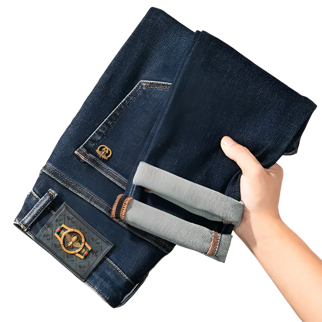 Back side of slim fit dark blue denim jeans for men featuring a gold bee emblem on the pocket and branded waistband patch