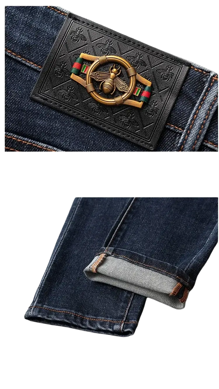 Slim fit dark blue denim jeans for men with a black leather waist plate and ornate gold-toned bee emblem details