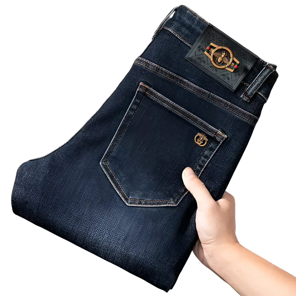 Back side of slim fit dark blue denim jeans men with gold-tone bee emblem on back pocket and waistband patch
