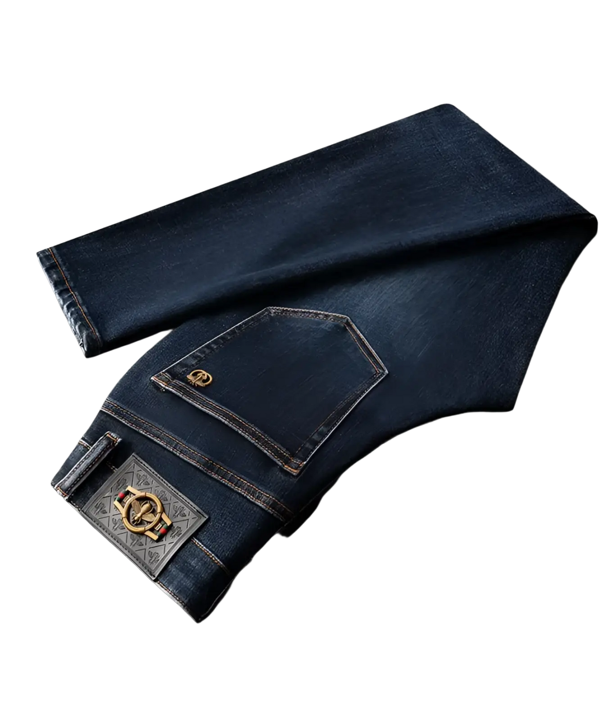 Back side of slim fit dark blue denim jeans men featuring gold-toned logo patch and ornate metallic brand plaque