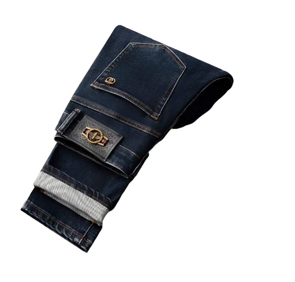 Slim fit dark blue denim jeans for men with decorative gold metal emblem on front pocket and contrasting light gray cuffs