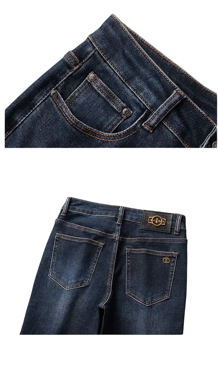 Slim fit dark blue denim jeans for men made of denim with a classic five-pocket design and branded leather patch back view
