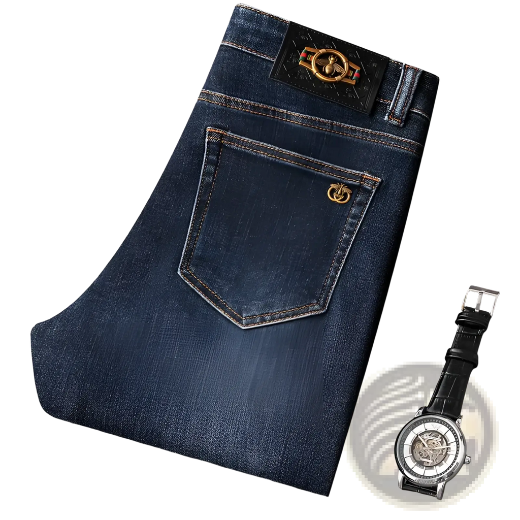 Slim fit dark blue denim jeans for men with black leather patch and gold-tone hardware on the waistband and back pocket
