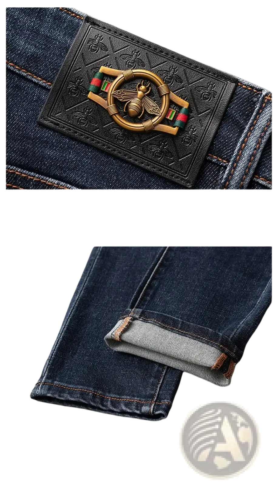 Slim fit dark blue denim jeans for men with a black leather waist plate and ornate gold-toned bee emblem details