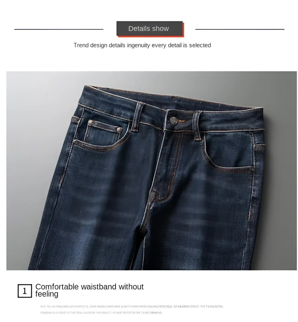 Slim fit dark blue denim jeans for men with classic five-pocket design and sturdy stitching in durable material
