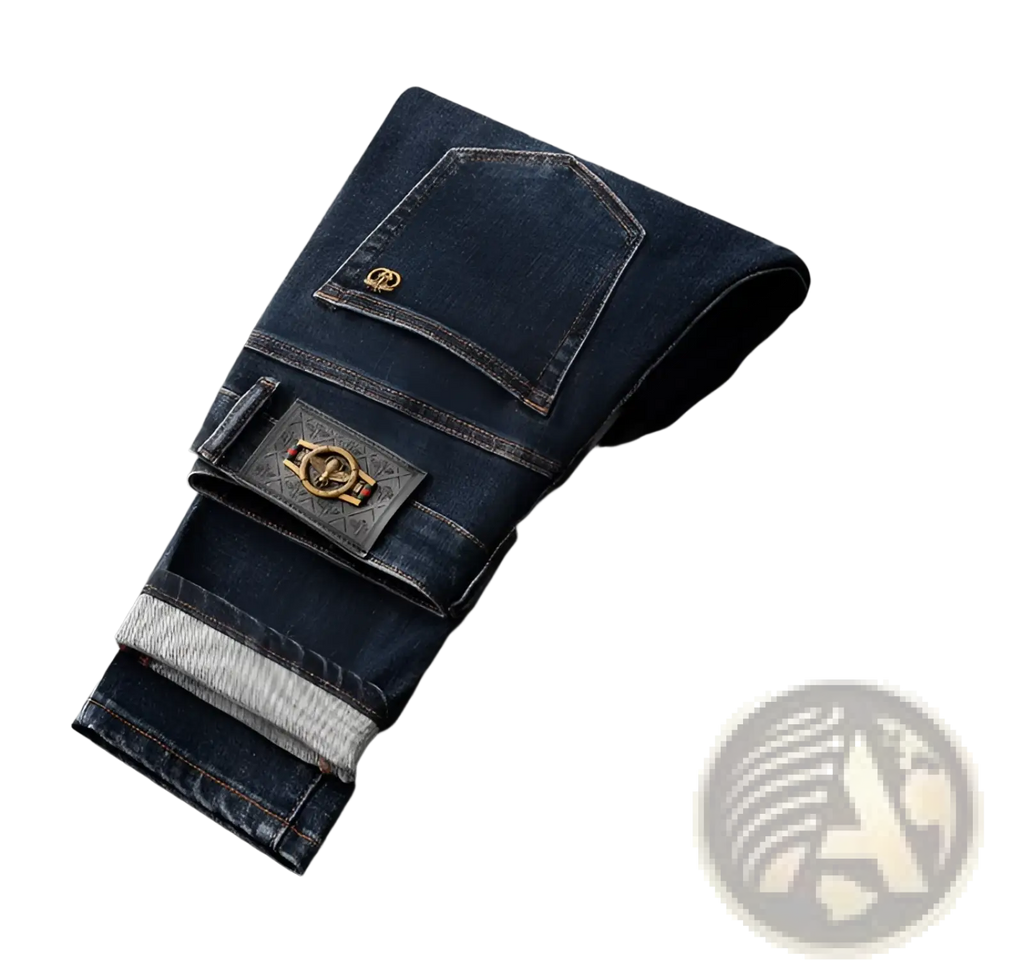 Slim fit dark blue denim jeans for men with decorative gold metal emblem on front pocket and contrasting light gray cuffs
