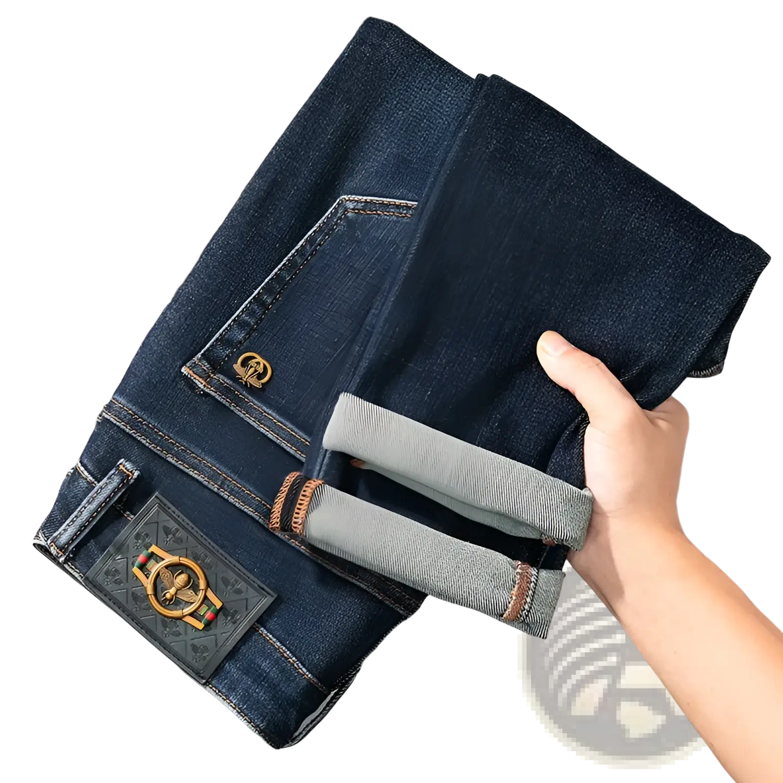 Back side of slim fit dark blue denim jeans for men featuring a gold bee emblem on the pocket and branded waistband patch
