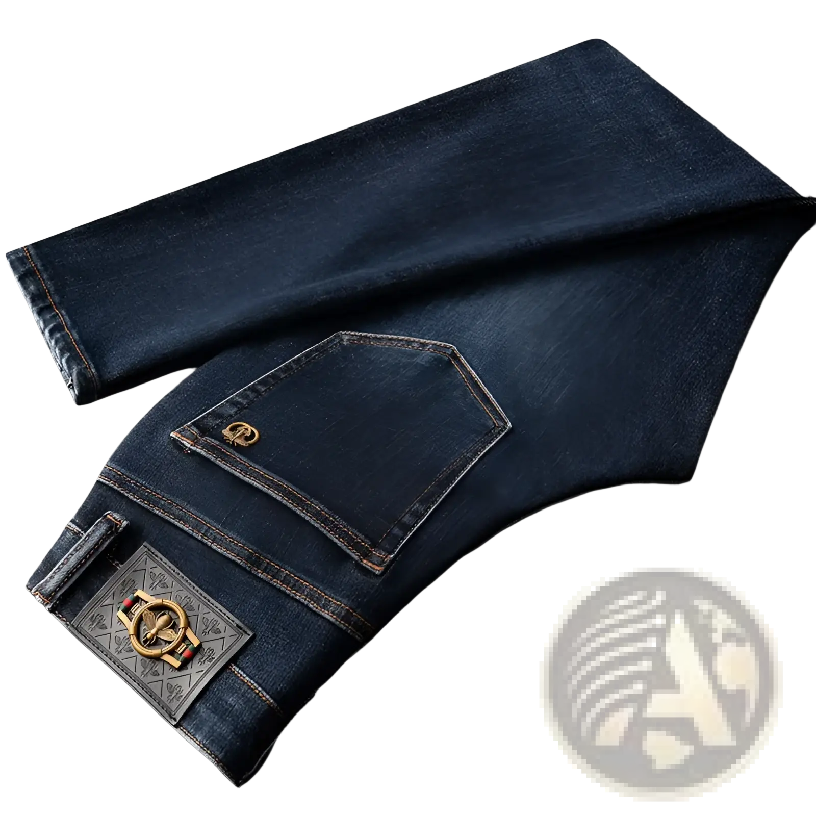 Back side of slim fit dark blue denim jeans men with gold-toned bee emblem and ornate metallic brand patch on waistband