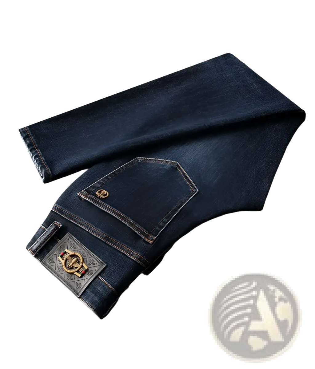 Back side of slim fit dark blue denim jeans men featuring gold-toned logo patch and ornate metallic brand plaque