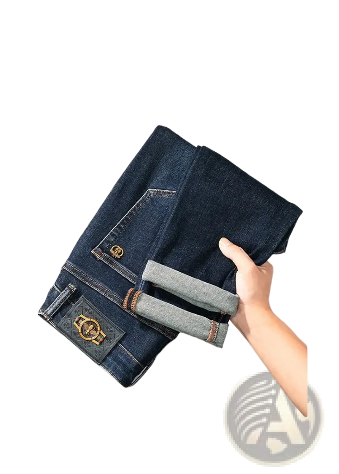 Slim fit dark blue denim jeans for men showing back side with gold toned belt loop and decorative patch on pocket