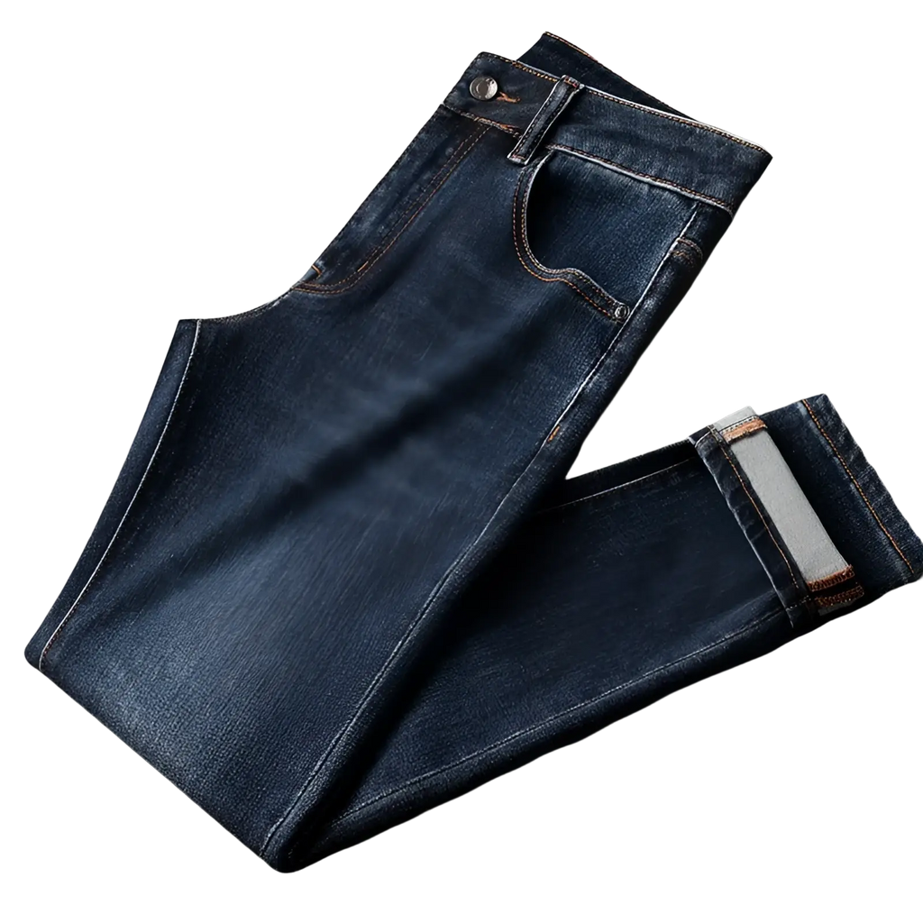 Slim fit dark blue denim jeans for men featuring classic five-pocket design and rolled cuffs with lighter inner fabric