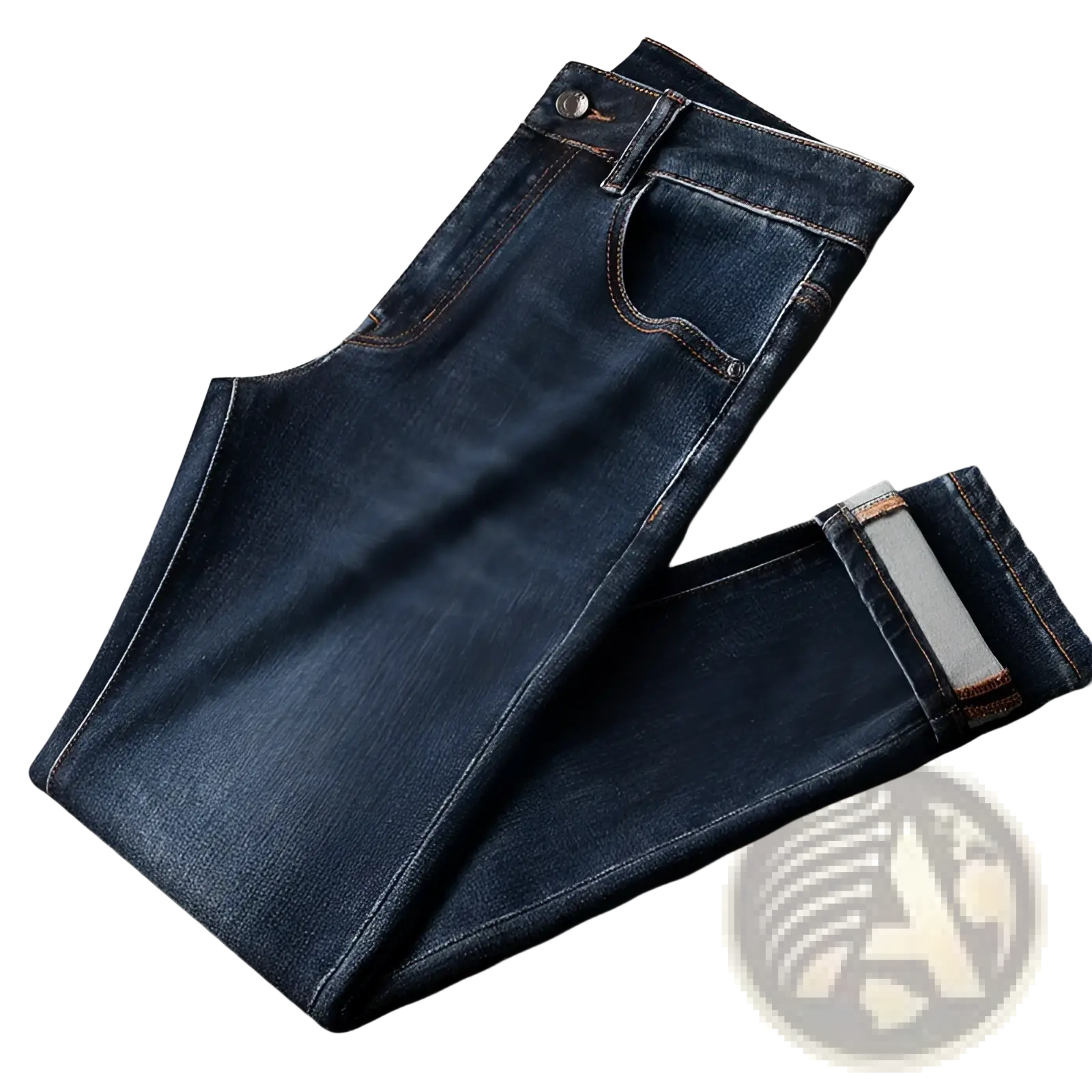 Slim fit dark blue denim jeans for men featuring classic five-pocket design and rolled cuffs with lighter inner fabric