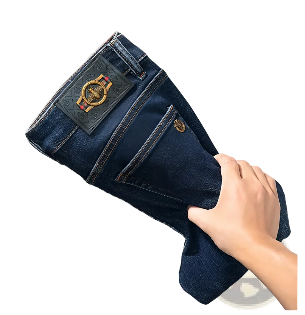 Slim fit dark blue denim jeans for men showing the back side with a prominent gold bee emblem on the pocket