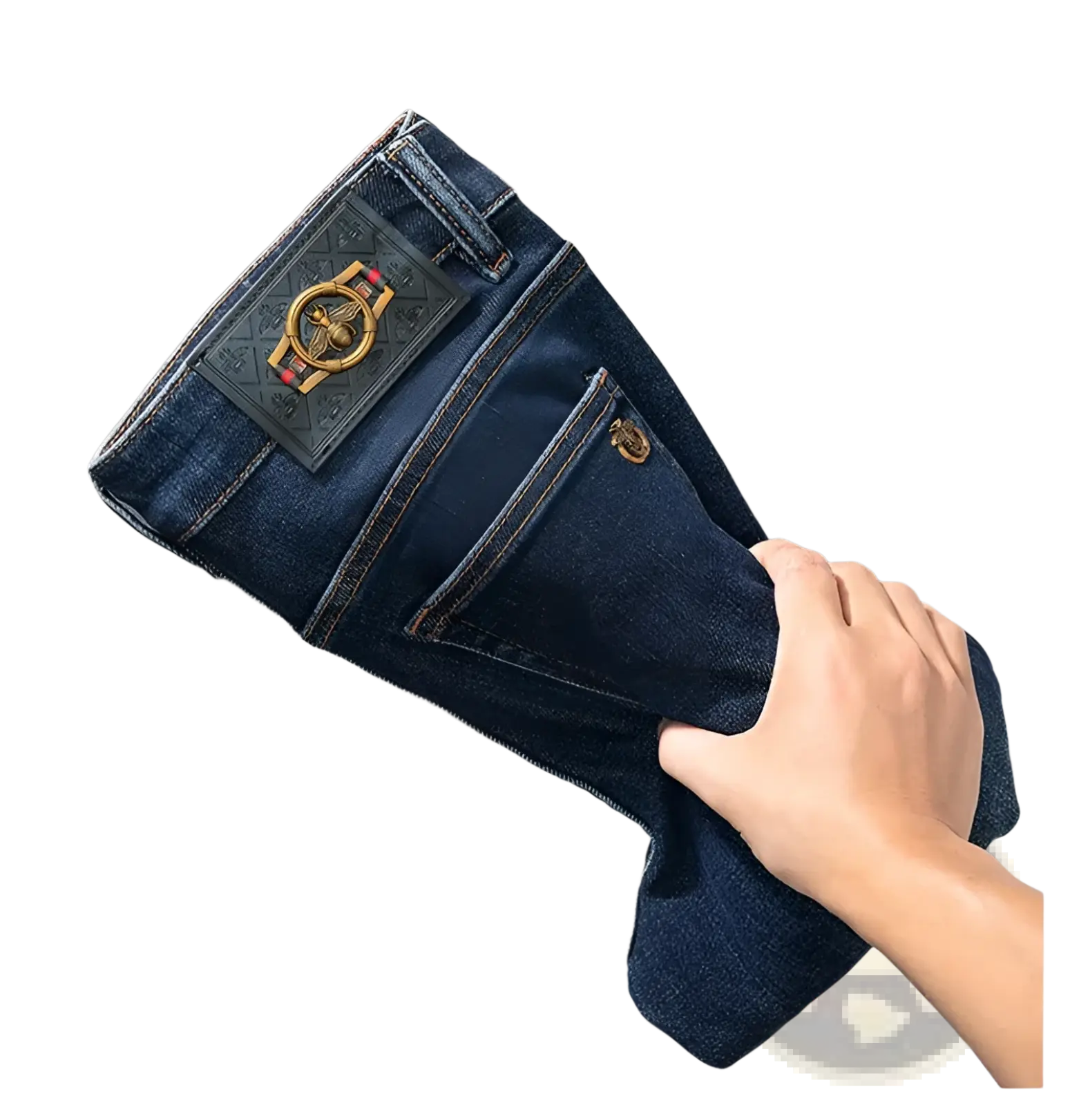 Slim fit dark blue denim jeans for men showing the back side with a prominent gold bee emblem on the pocket