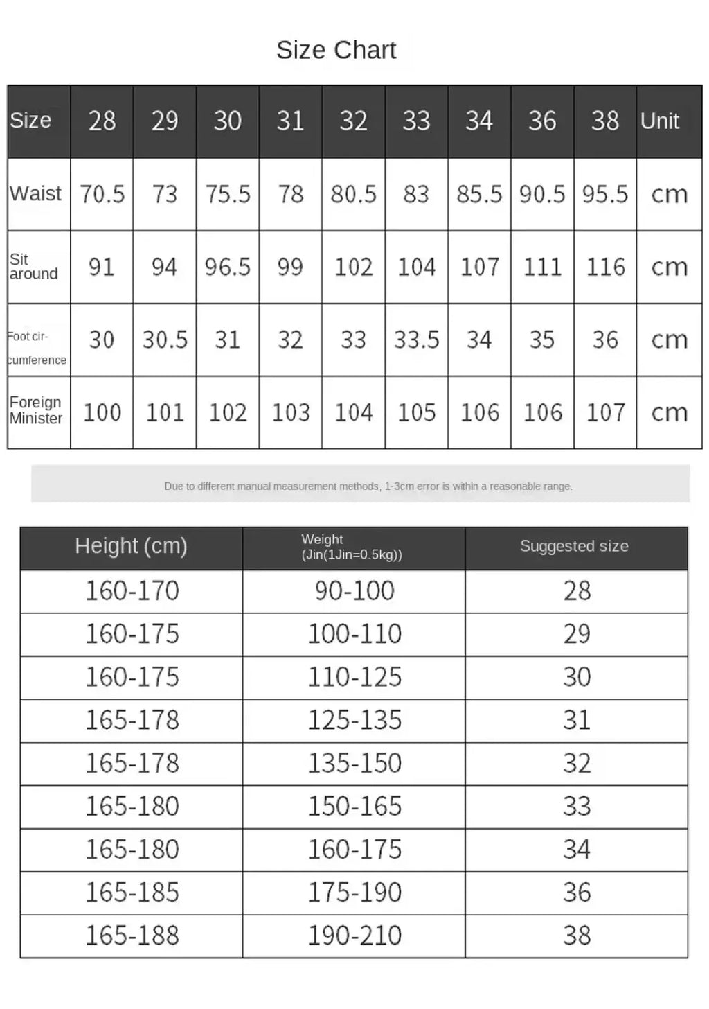 Size chart for slim fit dark blue denim jeans men showing measurements in centimeters with height and weight ranges