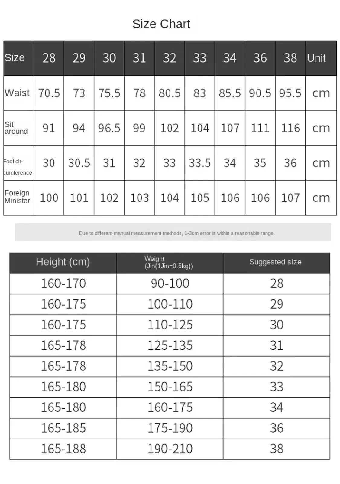 Size chart for slim fit dark blue denim jeans men showing measurements in centimeters with height and weight ranges