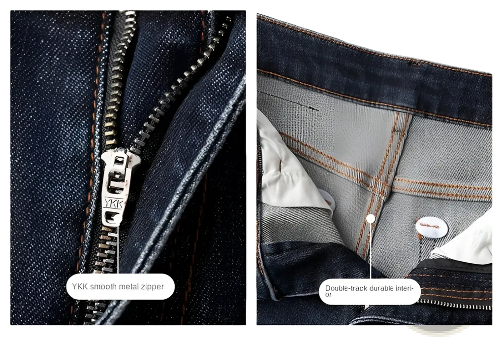 Slim fit dark blue denim jeans for men with ykk smooth metal zipper and double track durable interior