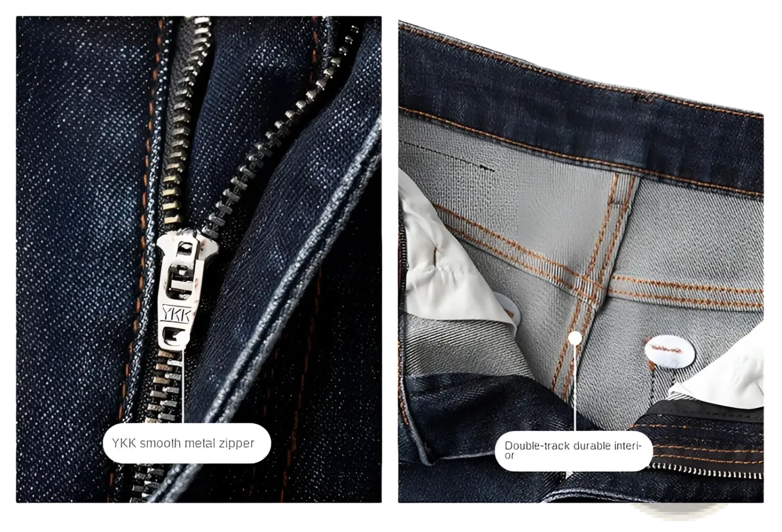 Slim fit dark blue denim jeans for men with ykk smooth metal zipper and double track durable interior