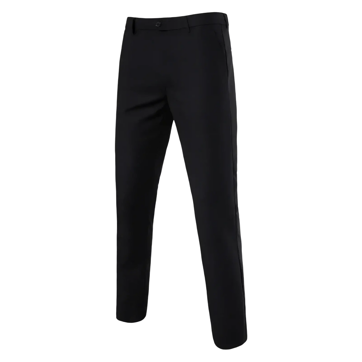 Black slim fit dress pants with wrinkle free fabric and subtle side seam detailing for formal business wear
