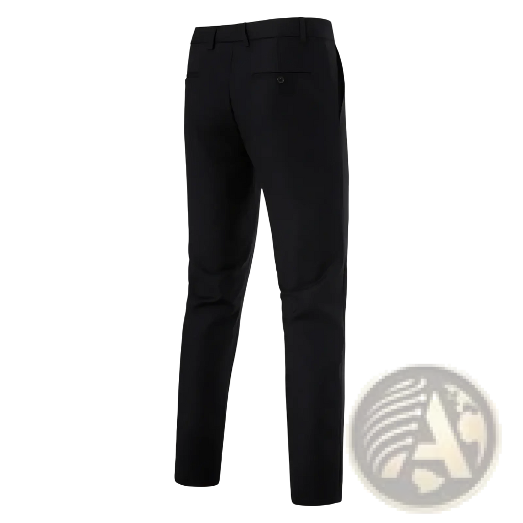 Black men’s slim fit dress pants with wrinkle free fabric and subtle stitching details for business wear