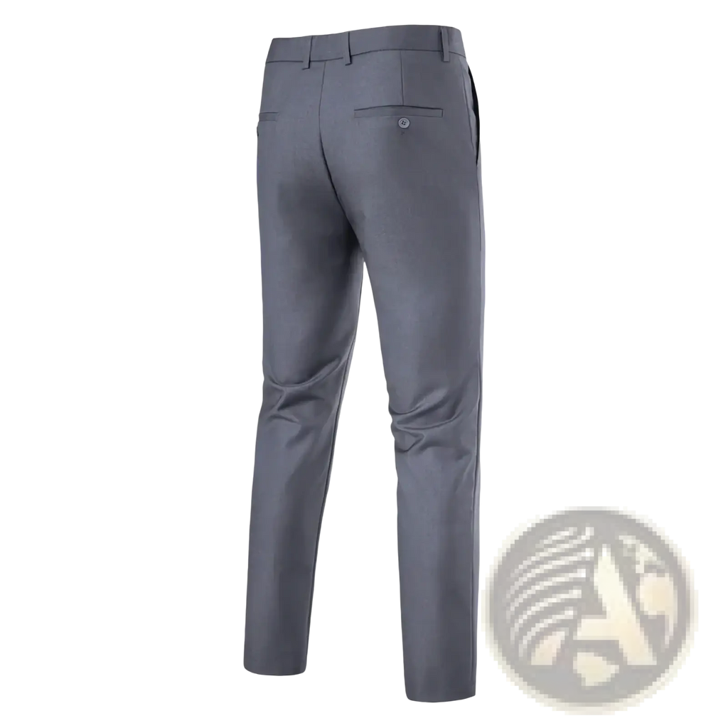 Slim fit gray men’s tailored dress pants with wrinkle free fabric and subtle stitching for business wear
