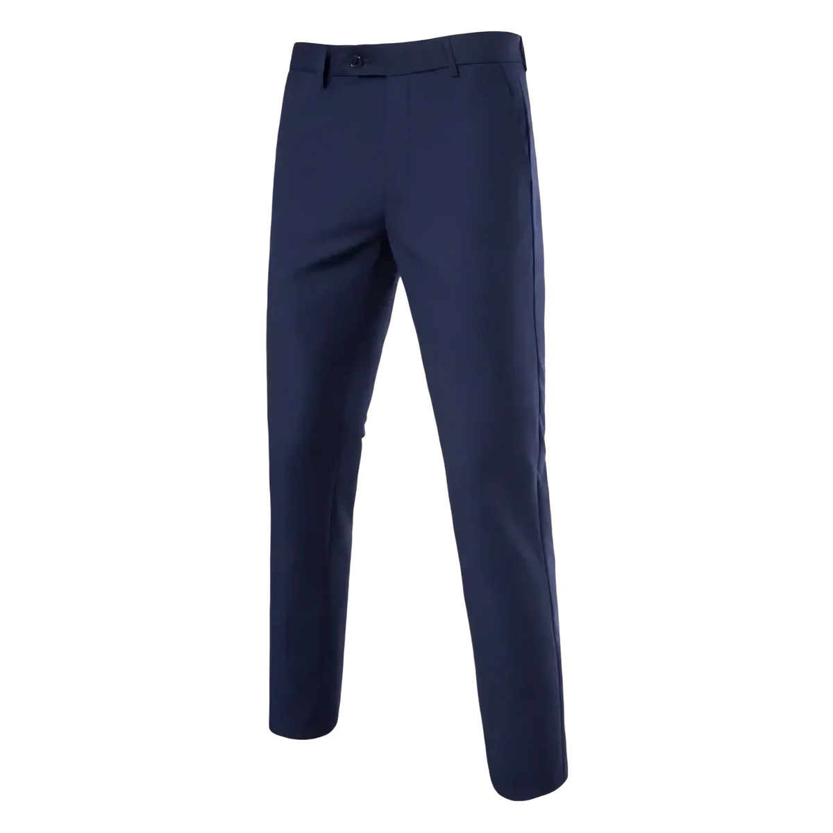 Navy blue slim fit dress pants for men with wrinkle free fabric and subtle side seam detailing for business wear