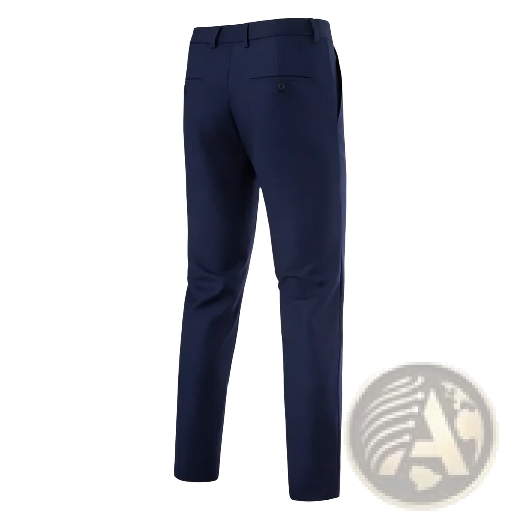 Slim fit navy blue wrinkle free dress pants for men with modern cut and subtle stitching details for business use
