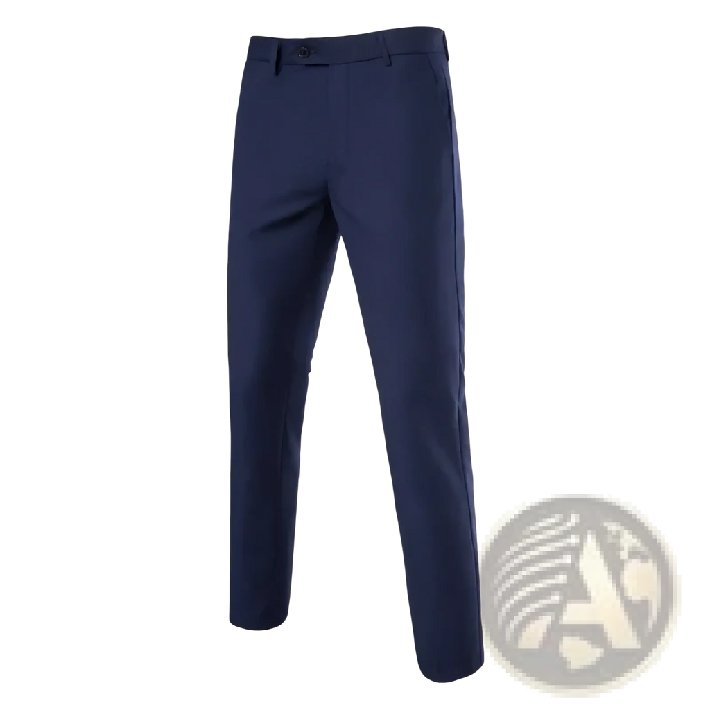 Navy blue slim fit dress pants for men with wrinkle free fabric and subtle side seam detailing for business wear