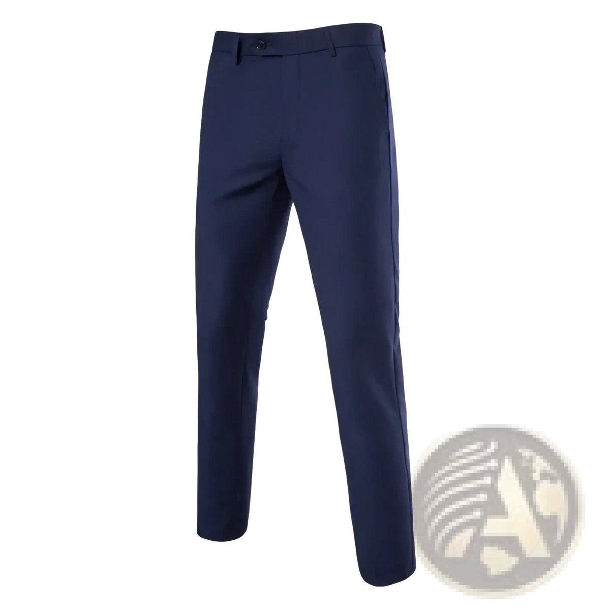 Navy blue slim fit dress pants for men with wrinkle free fabric and subtle side seam detailing for business wear