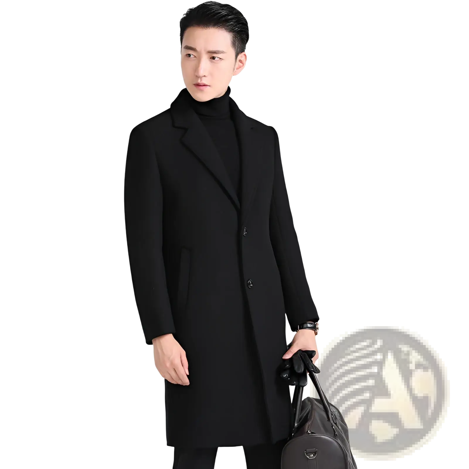 Black slim fit Korean wool overcoat with classic double-breasted design and notched lapels