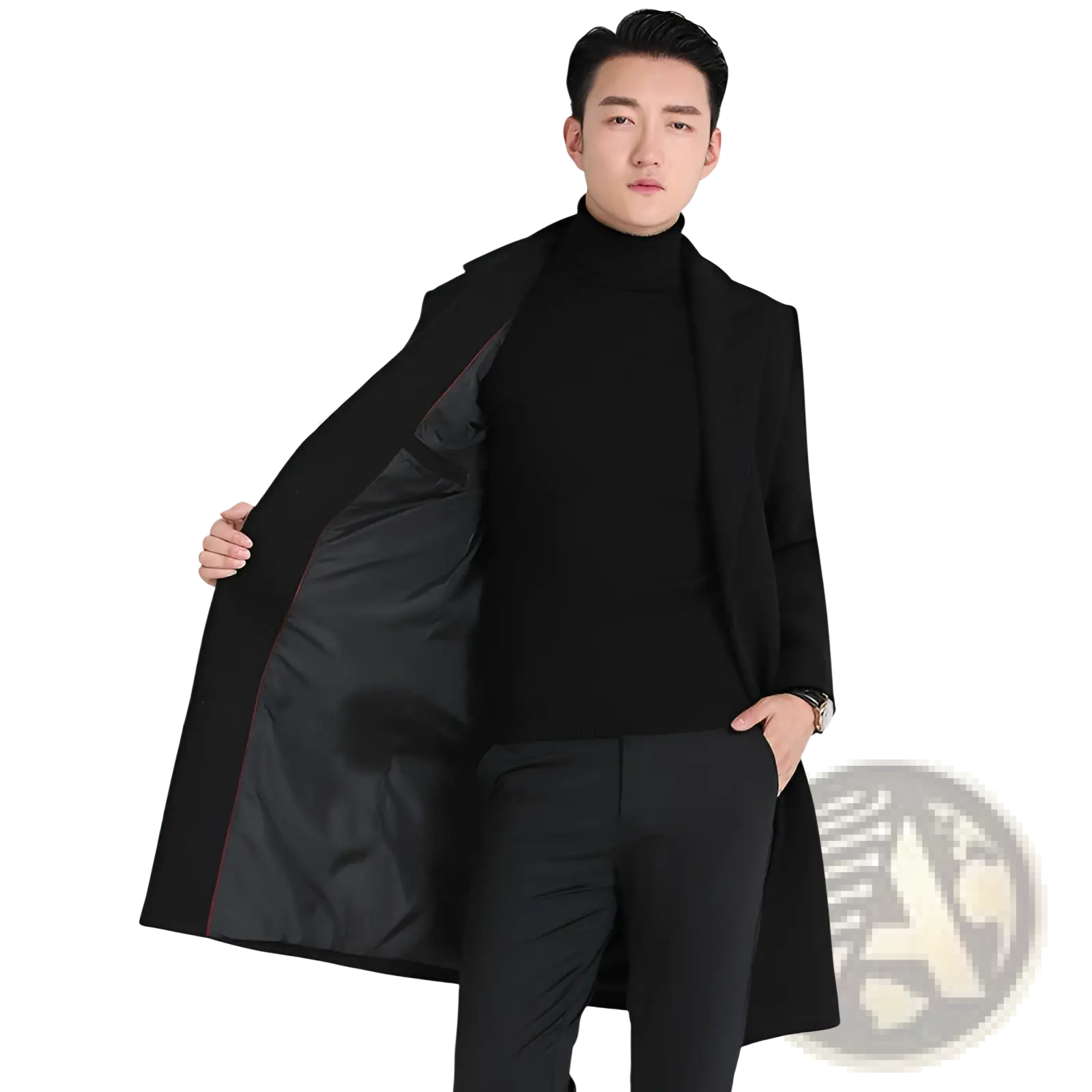 Slim fit Korean wool overcoat in black with a sleek tailored design and subtle red lining for refined wear