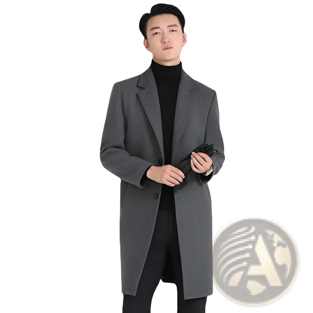 Gray woolen slim fit korean overcoat with classic notched lapel and single-breasted design for formal wear