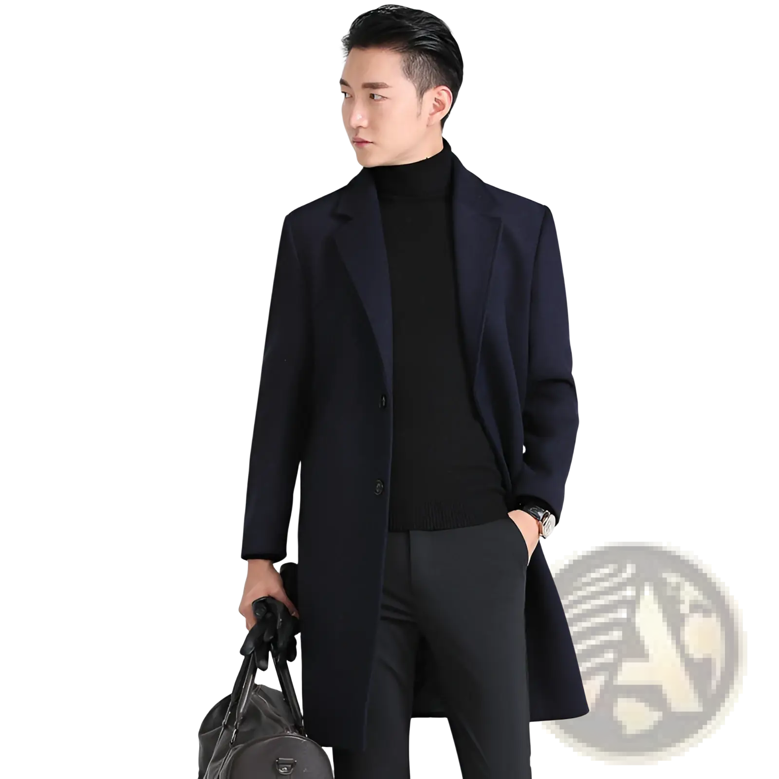 Navy blue slim fit Korean wool overcoat with notched lapels and single-breasted design for formal wear