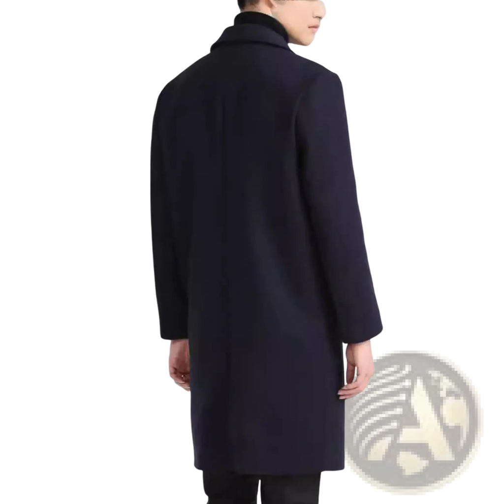 A sleek dark navy slim fit Korean wool overcoat with a classic collar and tailored fit