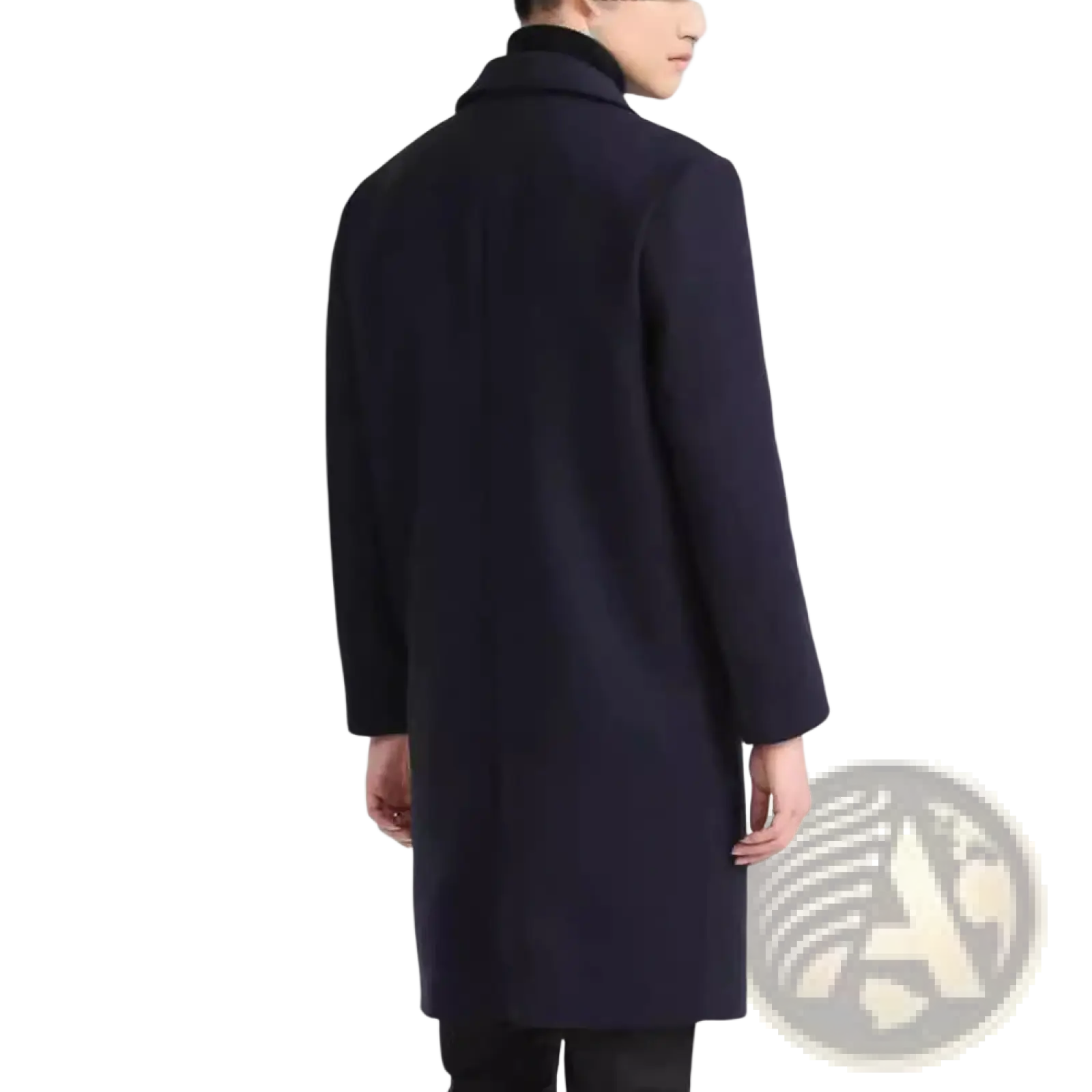A sleek dark navy slim fit Korean wool overcoat with a classic collar and tailored fit