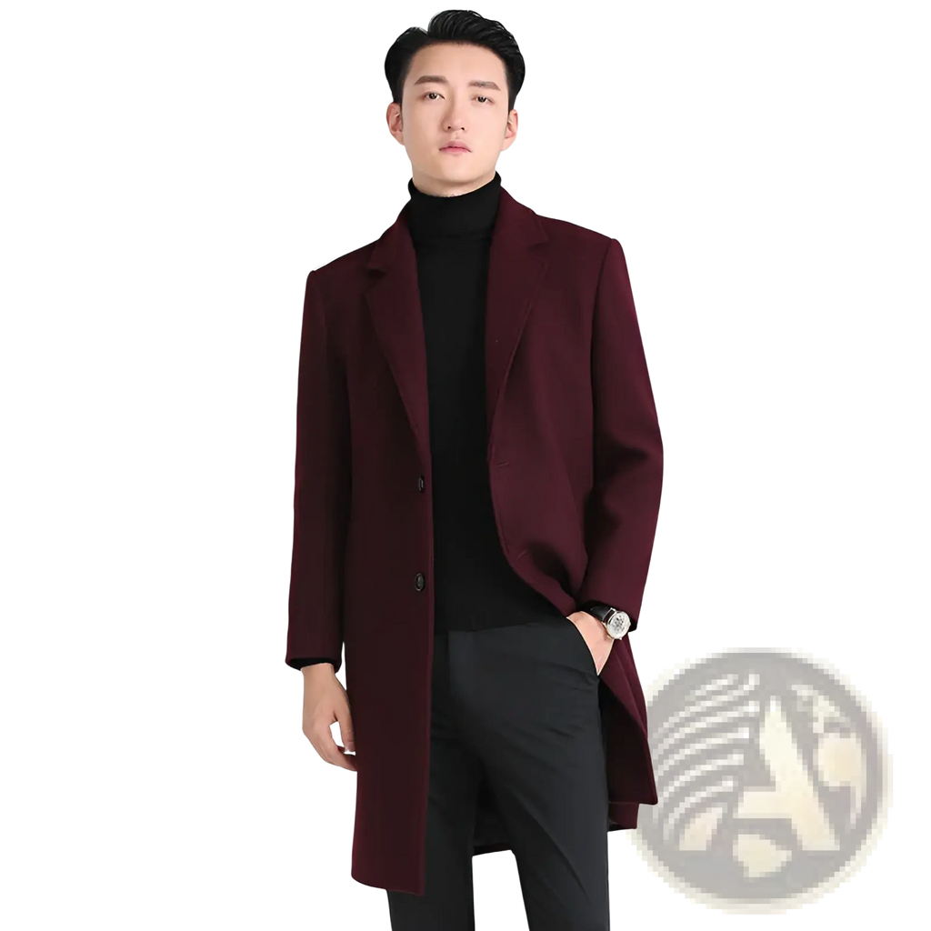 A sleek maroon slim fit Korean wool overcoat with a classic double breasted design and notched lapels