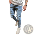 Slim fit light wash distressed denim jeans featuring a slim-fit cut and subtle fading details in denim material