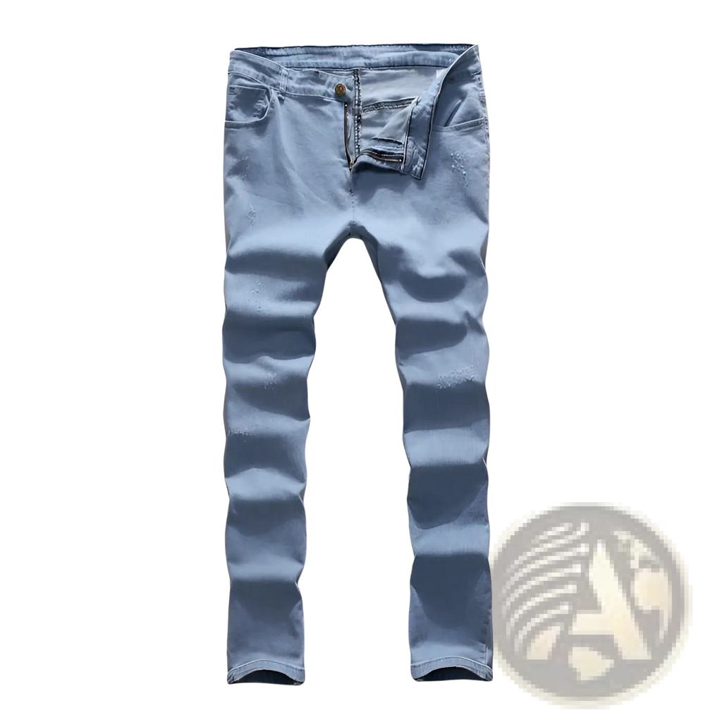 Light blue slim fit distressed denim jeans made from durable cotton with a modern casual design